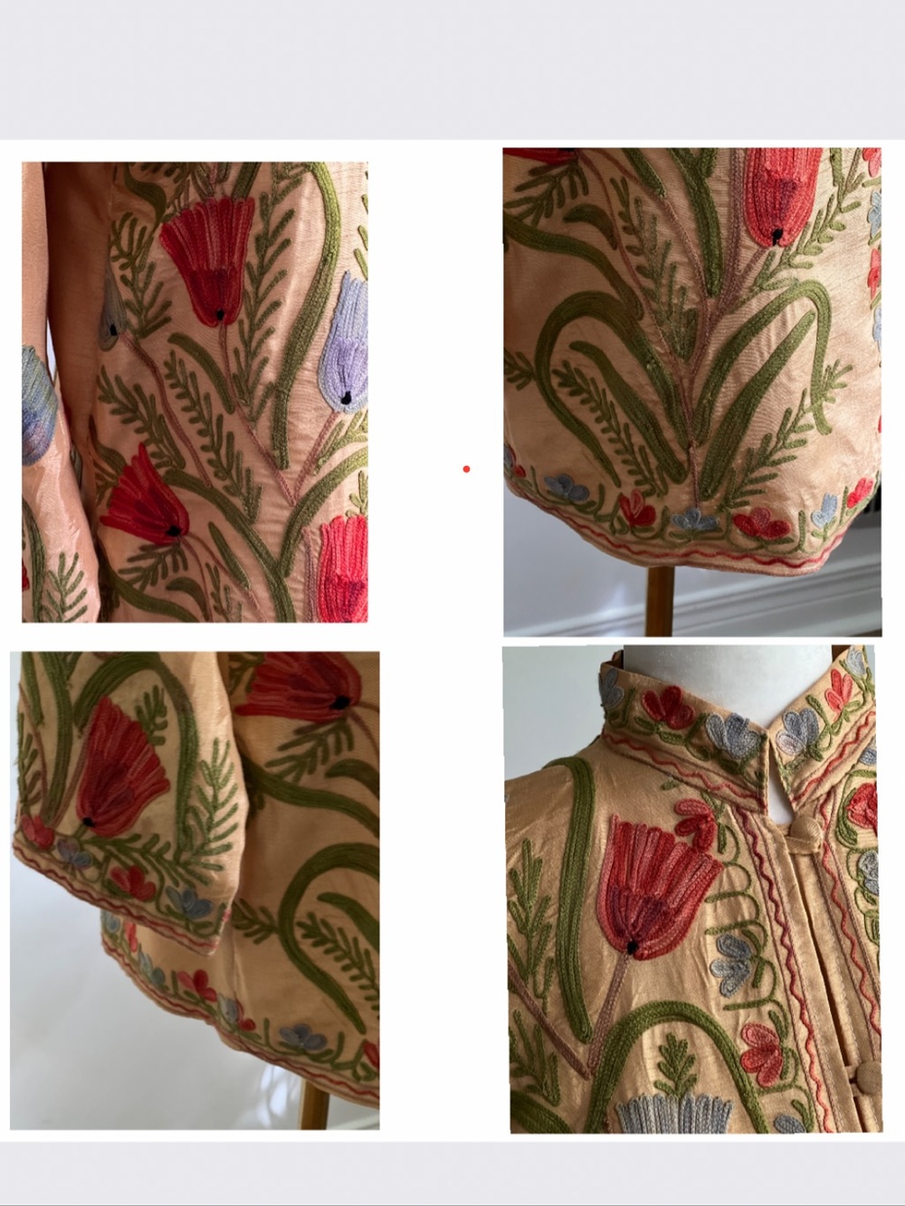Soft Yellow Embroidered Long Tunic • Raw Silk Look & Feel • Red Blue Poppies - Picture 7 of 12